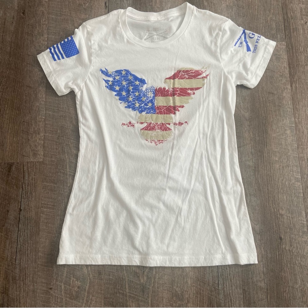 White T-Shirt with American Flag Eagle Design